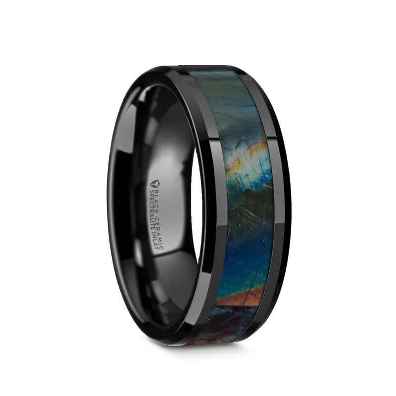 Men's sports - team logo rings for fansThorsten IRIDESCENCE Black Ceramic Spectrolite Inlay Polished Finish Wedding Band with Beveled Edges - 8mm Men's sports - team logo rings for fansThorsten IRIDESCENCE Black Ceramic Spectrolite Inlay Polished Finish Wedding Band with Beveled Edges - 8mm