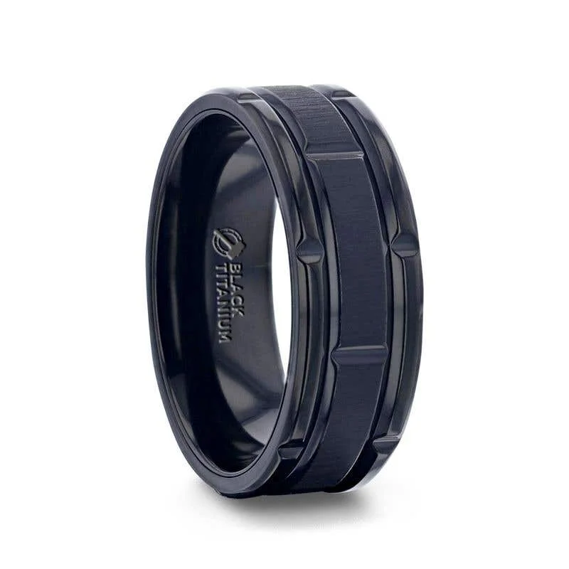Men's laser - engraved rings with custom messagesThorsten WYNN Alternating Grooves And Horizontal Etched Finish Black Titanium Men's Wedding Band With Alternating Grooved Beveled Polished Edges - 8mm Men's laser - engraved rings with custom messagesThorsten WYNN Alternating Grooves And Horizontal Etched Finish Black Titanium Men's Wedding Band With Alternating Grooved Beveled Polished Edges - 8mm