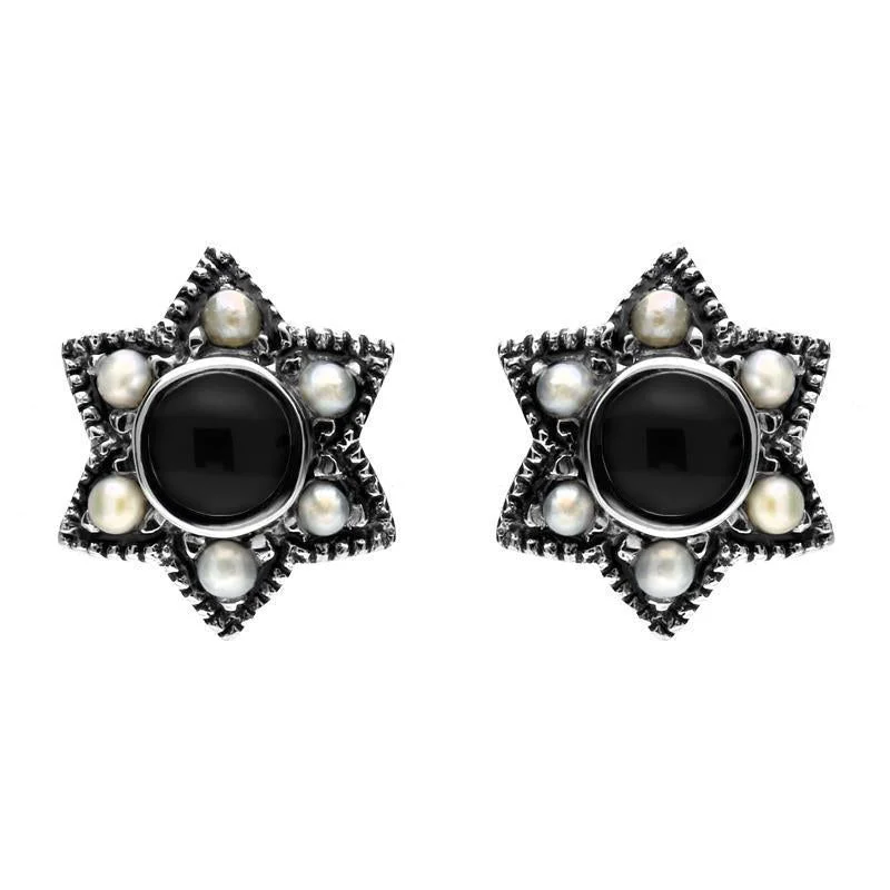 Sterling Silver Whitby Jet and Pearl Six Point Star Stud Earrings D