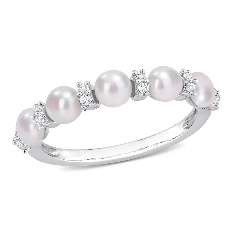 Miadora Sterling Silver Freshwater Cultured Pearl & White Topaz 5-Stone Semi-Eternity Ring (3.5-4mm) Miadora Sterling Silver Freshwater Cultured Pearl & White Topaz 5-Stone Semi-Eternity Ring (3.5-4mm)