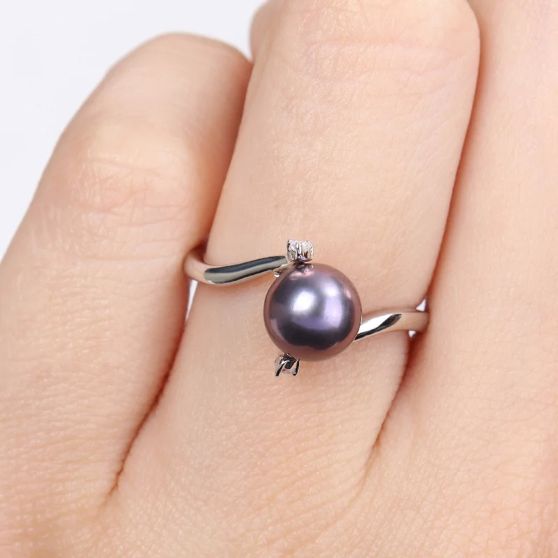 Miadora 7-7.5mm Black Cultured Freshwater Pearl White Topaz Bypass Ring Sterling Silver Miadora 7-7.5mm Black Cultured Freshwater Pearl White Topaz Bypass Ring Sterling Silver
