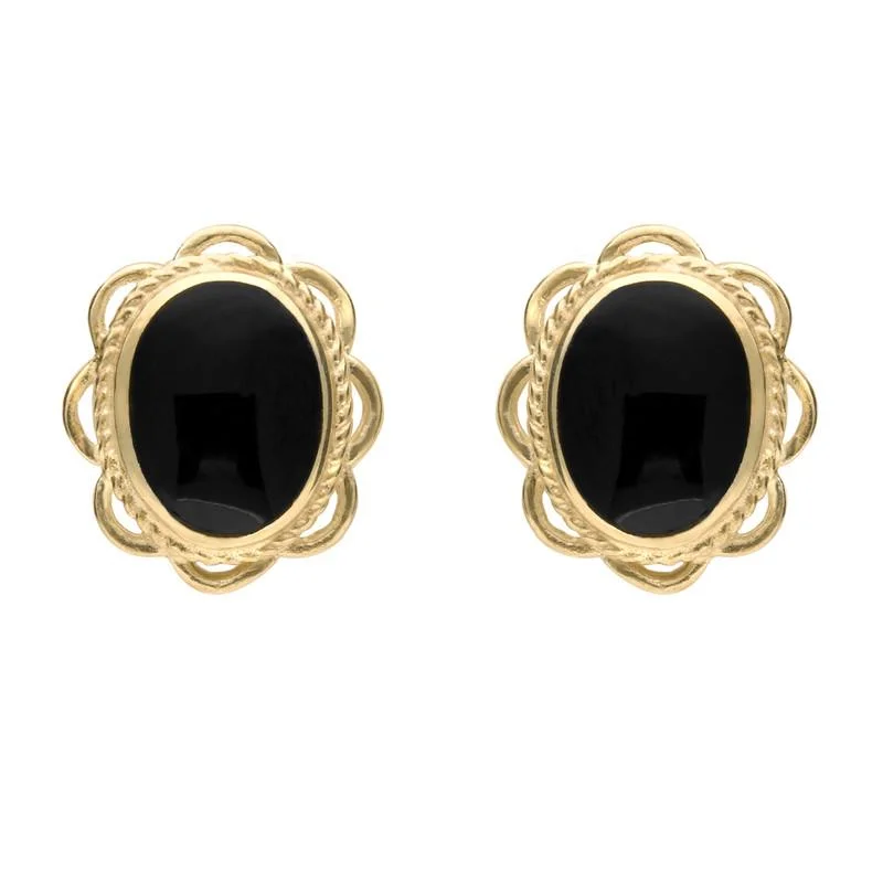 9ct Yellow Gold Whitby Jet Large Rope Oval Frill Stud Earrings
