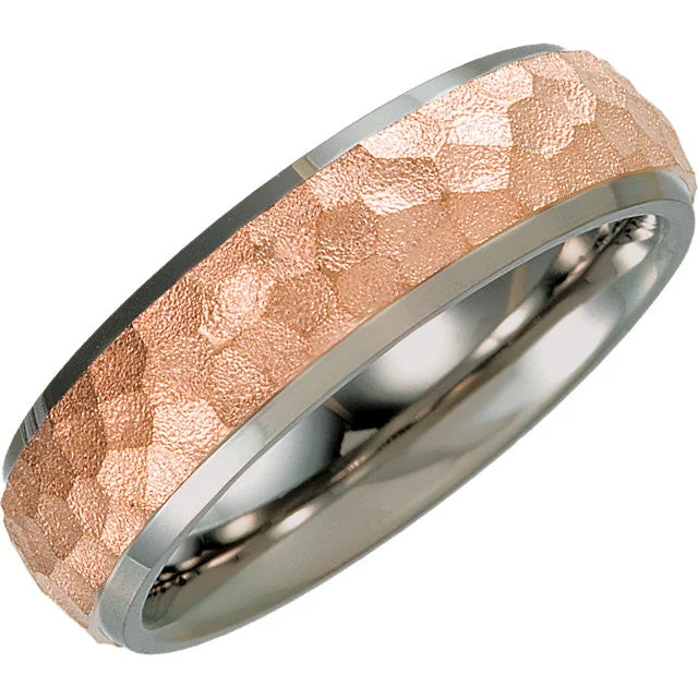 Men's pinky rings with a small gemstoneTitanium & 14k Rose Gold Immerse Plated 7mm Hammered Finish Beveled Edge Band Men's pinky rings with a small gemstoneTitanium & 14k Rose Gold Immerse Plated 7mm Hammered Finish Beveled Edge Band