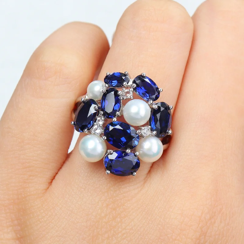 Miadora 7ct TGW Created Blue White Sapphire Cultured Freshwater Pearls Ring Sterling Silver Miadora 7ct TGW Created Blue White Sapphire Cultured Freshwater Pearls Ring Sterling Silver