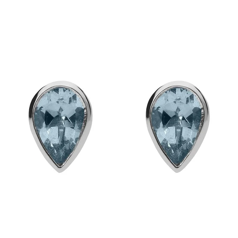 9ct White Gold Aquamarine 6x4mm Pear Rub Over Set Stud Earrings