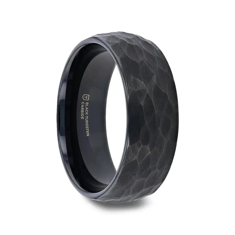 Men's turquoise - inlaid rings for a southwestern feelRENEGADE Domed Hammer Finish Black Tungsten Carbide with Brushed Finish Men's turquoise - inlaid rings for a southwestern feelRENEGADE Domed Hammer Finish Black Tungsten Carbide with Brushed Finish