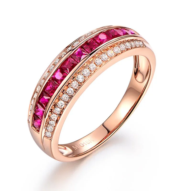 Anniversary rings with a diamond - and - peridot combinationChannel-Set Princess Ruby Diamond Railway July Birthstone Band 18K Gold