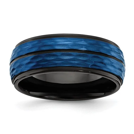 Men's laser - engraved rings with custom messagesStainless Steel Brushed and Polished Black/Blue IP-plated 8mm Band Men's laser - engraved rings with custom messagesStainless Steel Brushed and Polished Black/Blue IP-plated 8mm Band