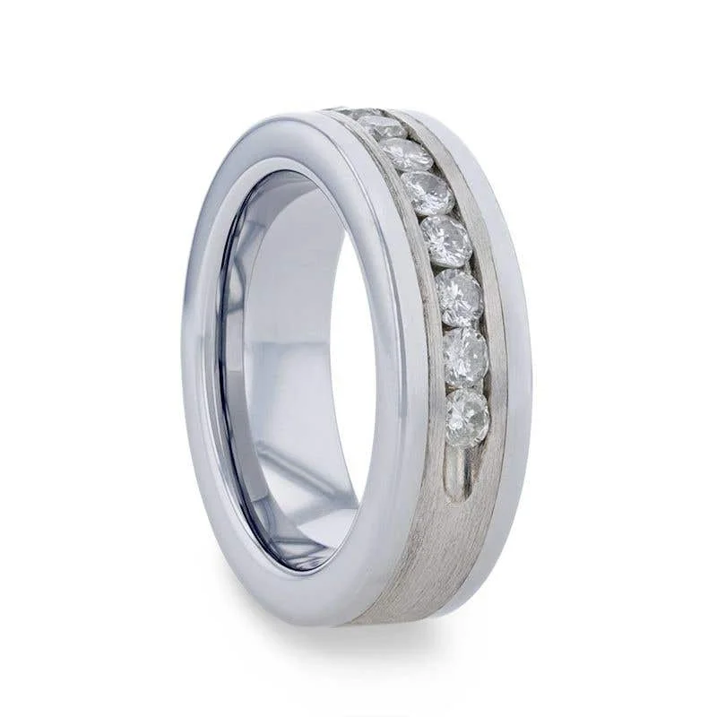 Men's pinky rings with a small gemstoneThorsten HOLDEN Flat Tungsten Carbide ring with Satin Finished Silver Inlay and 0.9 ctw Channel Set Diamonds by Thorsten - 8mm Men's pinky rings with a small gemstoneThorsten HOLDEN Flat Tungsten Carbide ring with Satin Finished Silver Inlay and 0.9 ctw Channel Set Diamonds by Thorsten - 8mm
