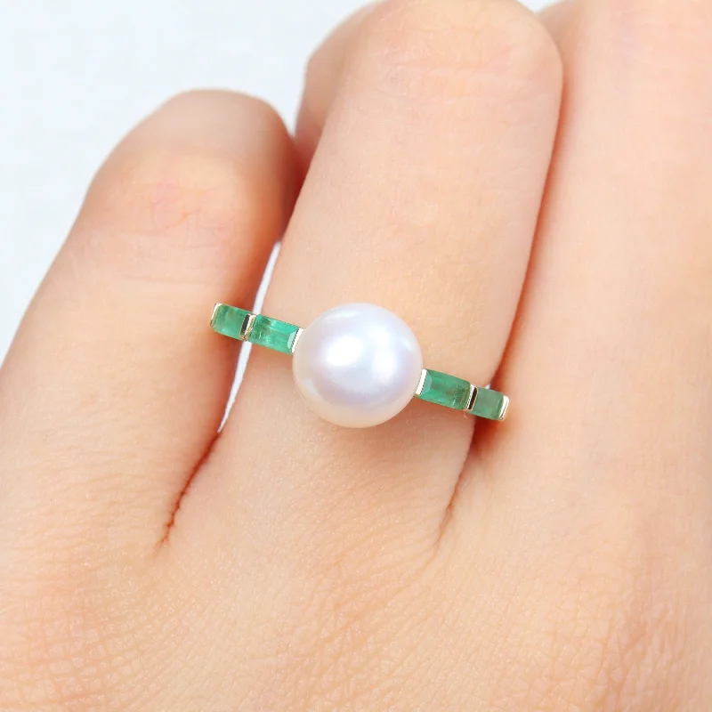 Miadora 8mm Cultured Freshwater Pearl 1/2ct TGW Baguette Emerald Ring 10k Yellow Gold Miadora 8mm Cultured Freshwater Pearl 1/2ct TGW Baguette Emerald Ring 10k Yellow Gold