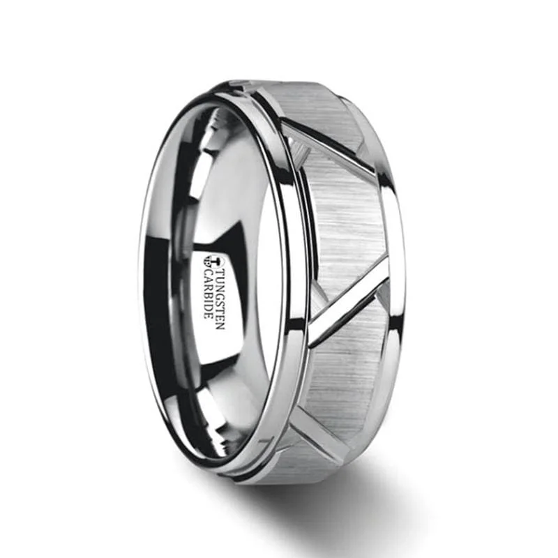 Men's cross - shaped rings for a religious statementVESTIGE Tungsten Ring with Triangle Angle Grooves and Raised Center Men's cross - shaped rings for a religious statementVESTIGE Tungsten Ring with Triangle Angle Grooves and Raised Center