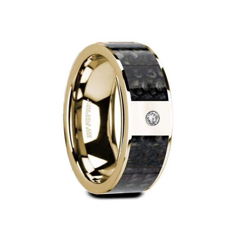 Men's diamond - encrusted engagement rings for a luxurious touchThorsten GAUFRID Flat 14K Yellow Gold with Blue Dinosaur Bone Inlay & White Diamond Setting - 8mm Men's diamond - encrusted engagement rings for a luxurious touchThorsten GAUFRID Flat 14K Yellow Gold with Blue Dinosaur Bone Inlay & White Diamond Setting - 8mm