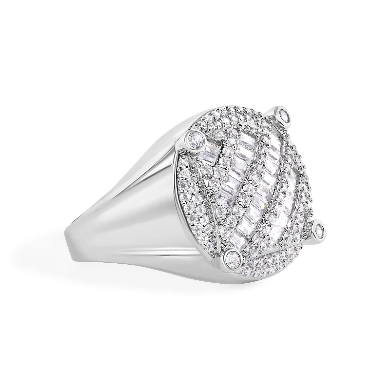 Men's multi - colored gemstone rings for a vibrant styleRhodium Plated 925 Sterling Silver Men's Round Top Baguette Cut Clear CZ 20.9mm Ring - GMR00386 Men's multi - colored gemstone rings for a vibrant styleRhodium Plated 925 Sterling Silver Men's Round Top Baguette Cut Clear CZ 20.9mm Ring - GMR00386