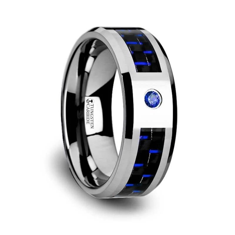 Men's kinetic rings with moving partsThorsten NEPTUNE Tungsten Carbide Ring Black Blue Carbon Fiber Blue Sapphire Setting with Bevels - 8mm Men's kinetic rings with moving partsThorsten NEPTUNE Tungsten Carbide Ring Black Blue Carbon Fiber Blue Sapphire Setting with Bevels - 8mm