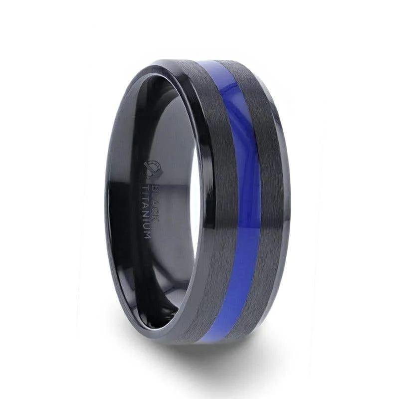 Men's opal - featured rings with iridescent colorsThorsten JACKSEN Black Titanium Men's Wedding Band Beveled Black Titanium With Blue Stripe Inlaid Brushed Finish Center And Polished Beveled Edges - 8mm Men's opal - featured rings with iridescent colorsThorsten JACKSEN Black Titanium Men's Wedding Band Beveled Black Titanium With Blue Stripe Inlaid Brushed Finish Center And Polished Beveled Edges - 8mm