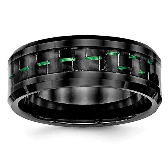 Men's glow - in - the - dark rings for a fun effectCeramic Black with Green Carbon Fiber Inlay Beveled Edge Ring Men's glow - in - the - dark rings for a fun effectCeramic Black with Green Carbon Fiber Inlay Beveled Edge Ring