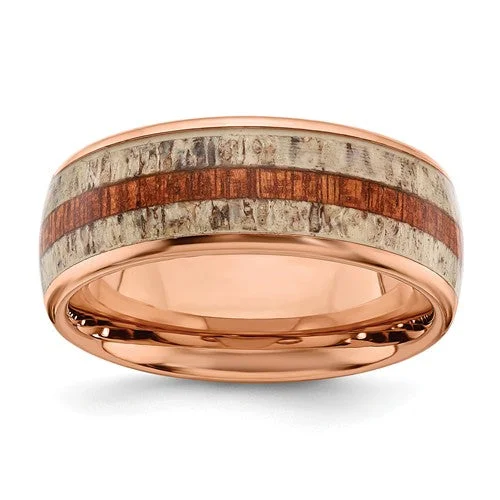 Men's infinity - symbol rings for a romantic meaningStainless Steel Rose Gold IP With Wood And Antler Inlay 8mm Band Men's infinity - symbol rings for a romantic meaningStainless Steel Rose Gold IP With Wood And Antler Inlay 8mm Band