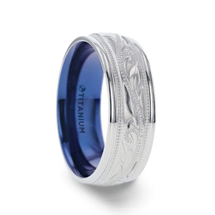 Men's anti - allergy rings for sensitive skinMARINER Titanium Milgrain Engraved Finish Men 's Wedding Ring with Blue Plating Inside- 8mm Men's anti - allergy rings for sensitive skinMARINER Titanium Milgrain Engraved Finish Men 's Wedding Ring with Blue Plating Inside- 8mm