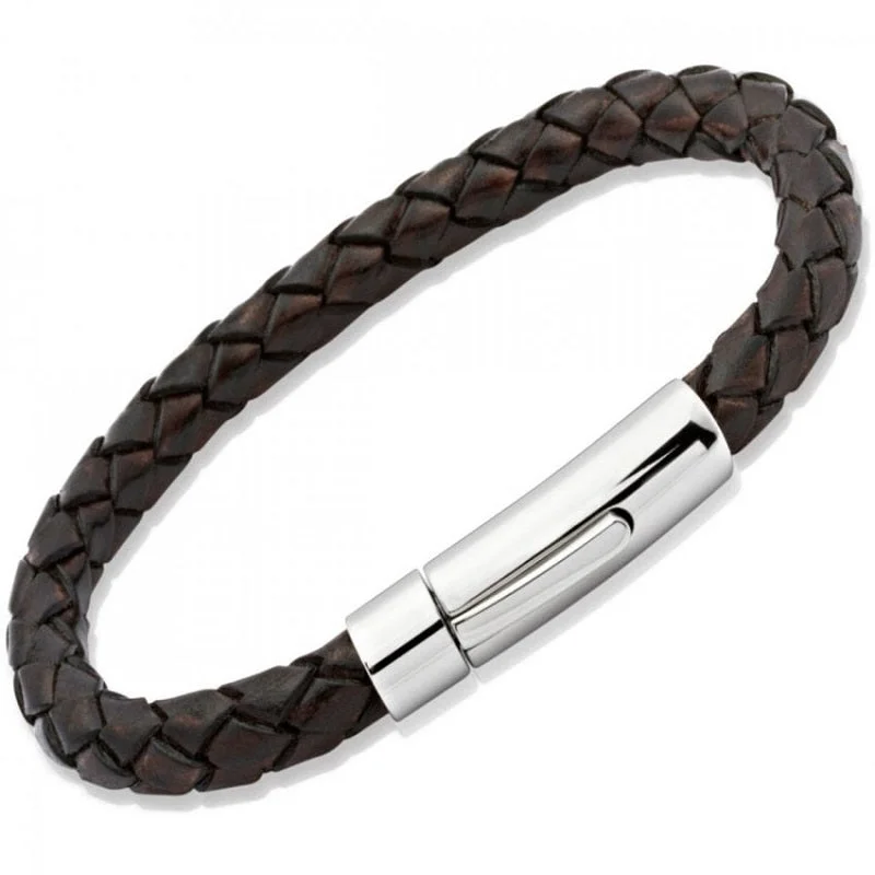 Unique & Co Stainless Steel Dark Brown Leather Bracelet