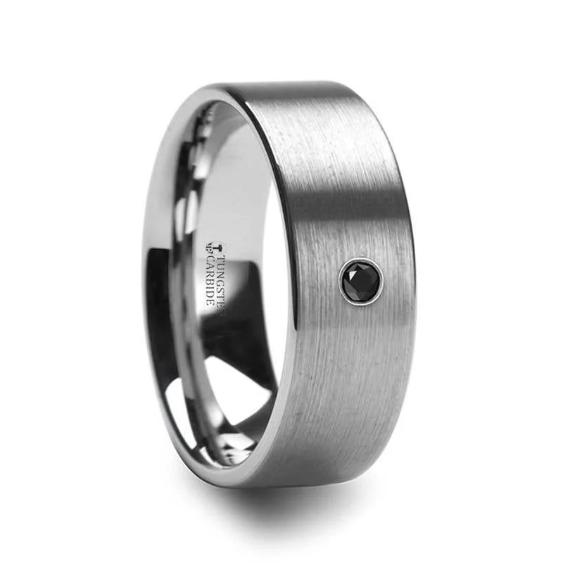 Men's pinky rings with a small gemstoneThorsten IRENAEUS Flat Brushed Tungsten Men’s Wedding Ring with Black Diamond - 6mm & 8mm Men's pinky rings with a small gemstoneThorsten IRENAEUS Flat Brushed Tungsten Men’s Wedding Ring with Black Diamond - 6mm & 8mm