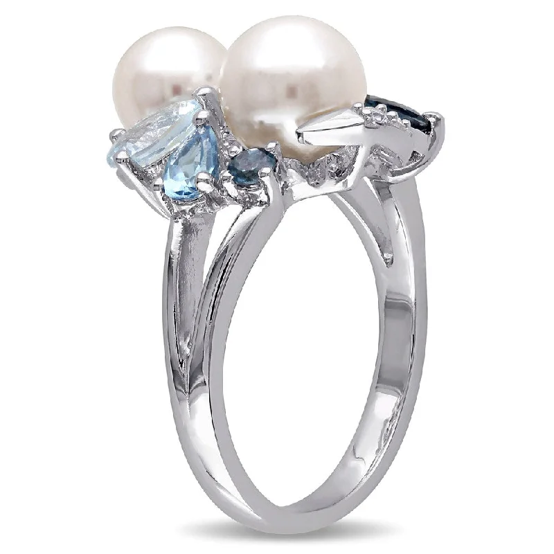6-8 MM Cultured FW Pearl and Multi-Gemstone Cocktail Ring in Sterling Silver by Miadora 6-8 MM Cultured FW Pearl and Multi-Gemstone Cocktail Ring in Sterling Silver by Miadora