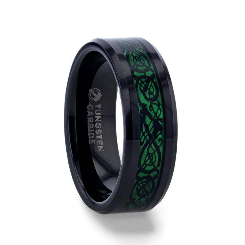 Men's infinity - symbol rings for a romantic meaningThorsten ALLURE Black Dragon Design With Green Background Inlaid Black Tungsten Men's Ring With Clear Coating And Beveled Edge - 8mm Men's infinity - symbol rings for a romantic meaningThorsten ALLURE Black Dragon Design With Green Background Inlaid Black Tungsten Men's Ring With Clear Coating And Beveled Edge - 8mm