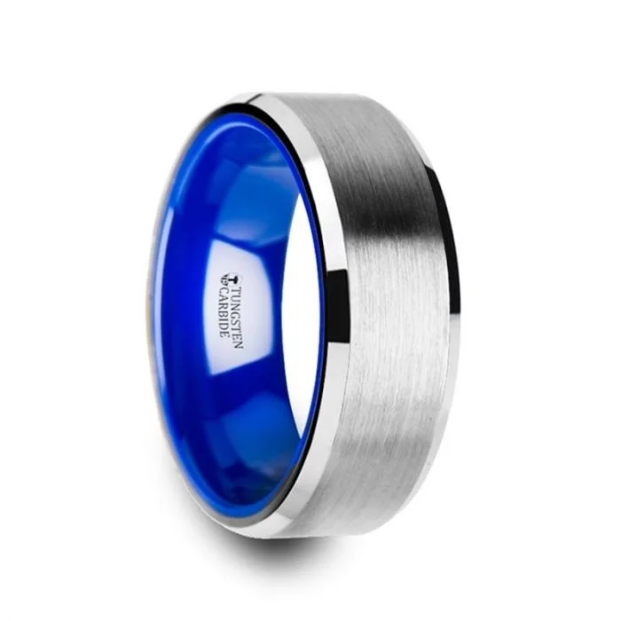 Men's high - quality handmade rings for artisanal appealSIRIUS Flat Beveled-Edged Tungsten Ring with Brushed Center and Vibrant Blue Ceramic Inside - 8mm Men's high - quality handmade rings for artisanal appealSIRIUS Flat Beveled-Edged Tungsten Ring with Brushed Center and Vibrant Blue Ceramic Inside - 8mm