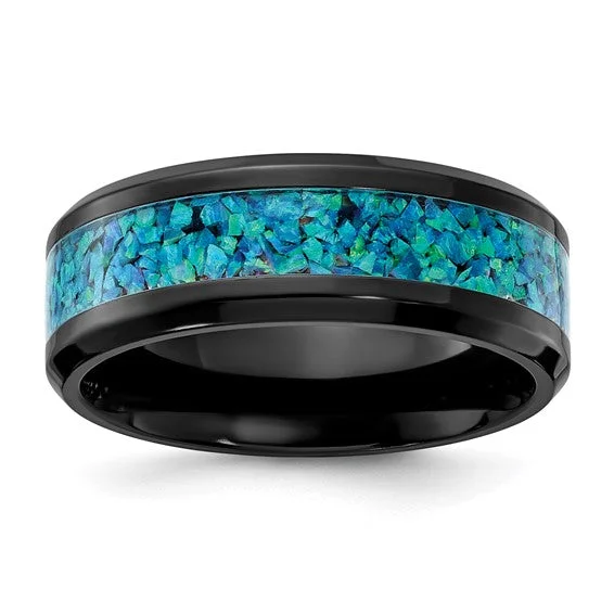 Men's oxidized silver rings for an antique lookBlack Zirconium Polished with Blue Opal Inlay 8mm Band Men's oxidized silver rings for an antique lookBlack Zirconium Polished with Blue Opal Inlay 8mm Band