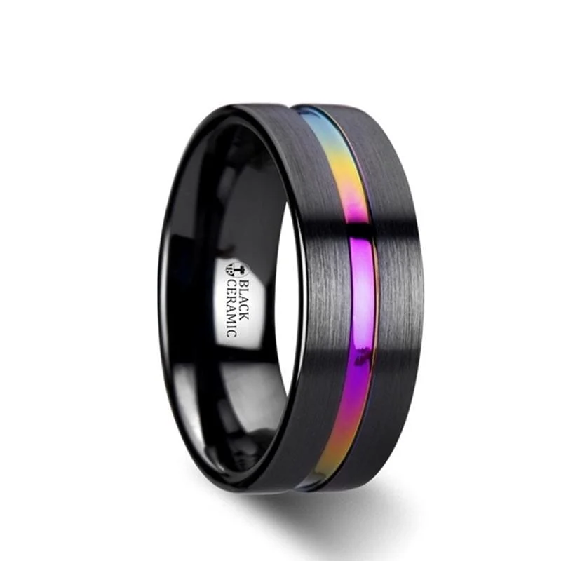 Men's hematite - ring for a metallic gray lusterAZURE Flat Black Ceramic Ring Brushed with Rainbow Groove Men's hematite - ring for a metallic gray lusterAZURE Flat Black Ceramic Ring Brushed with Rainbow Groove