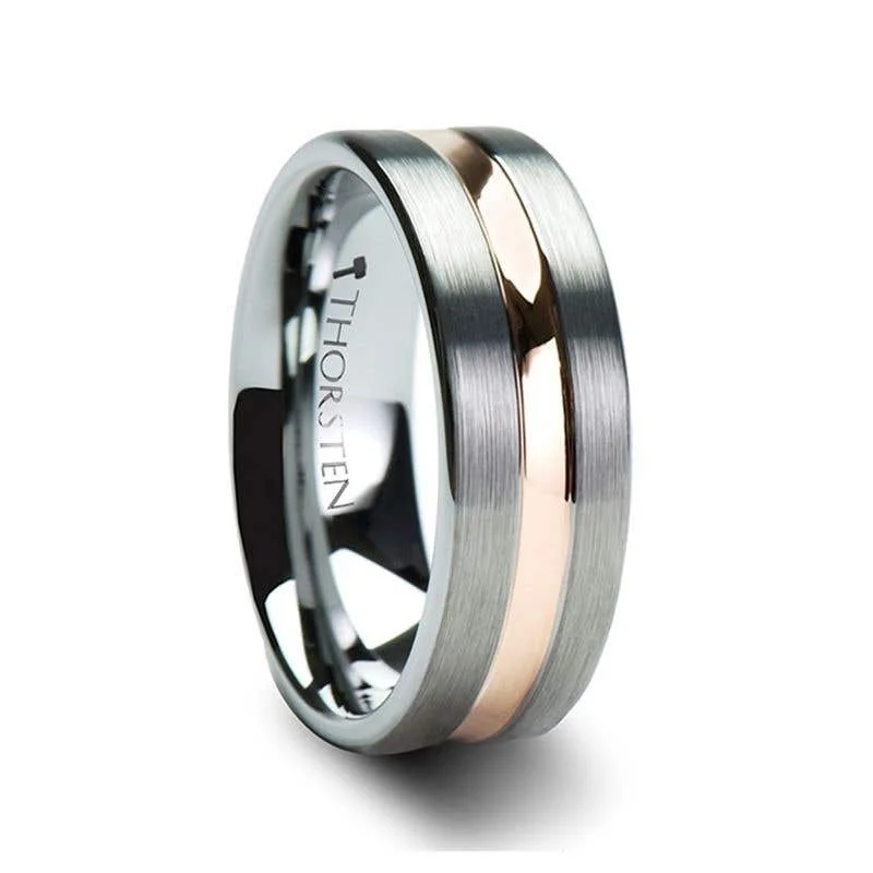 Men's infinity - symbol rings for a romantic meaningThorsten ZEUS Flat Brushed Finish Tungsten Carbide Ring with Rose Gold Plated Groove - 4mm - 10mm Men's infinity - symbol rings for a romantic meaningThorsten ZEUS Flat Brushed Finish Tungsten Carbide Ring with Rose Gold Plated Groove - 4mm - 10mm