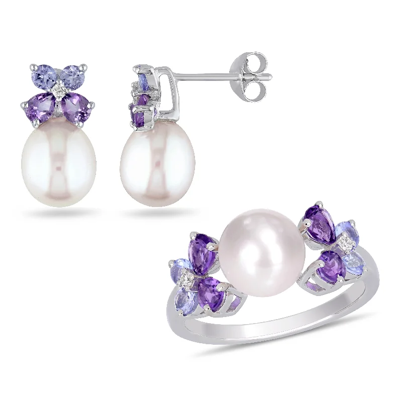 Miadora Sterling Silver Cultured FW Pearl Tanzanite Amethyst and Diamond Butterfly Jewelry Set (8-9 MM) Miadora Sterling Silver Cultured FW Pearl Tanzanite Amethyst and Diamond Butterfly Jewelry Set (8-9 MM)