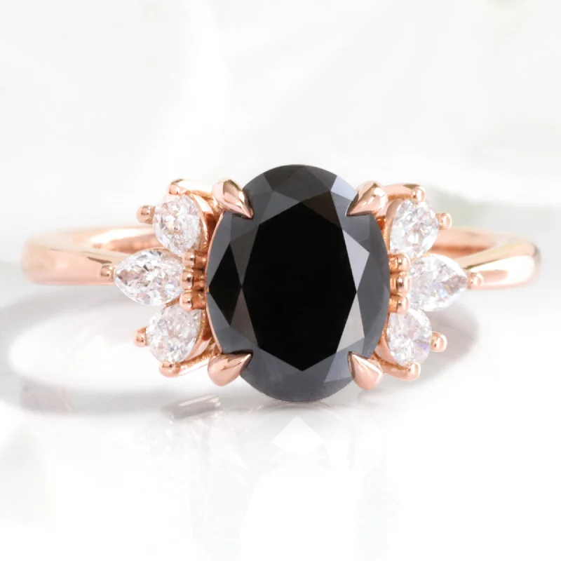 Cluster - Style Women's Diamond Rings with Multiple Small Diamonds Arranged in a Stunning Pattern2.5 Ct. Oval Black Diamond Ring in Fairy 3 Stone Diamond Band Cluster - Style Women's Diamond Rings with Multiple Small Diamonds Arranged in a Stunning Pattern2.5 Ct. Oval Black Diamond Ring in Fairy 3 Stone Diamond Band