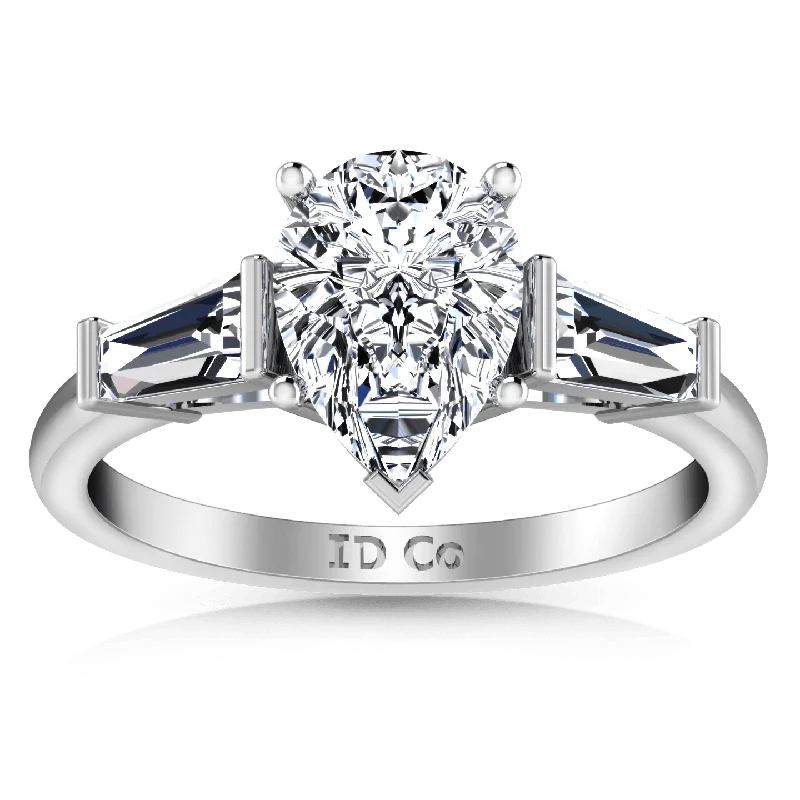 Interlocking Band Women's Rings in White Gold for a Modern DesignThree Stone Pear Diamond Engagement Ring Tapered Baguette 14K White Gold Interlocking Band Women's Rings in White Gold for a Modern DesignThree Stone Pear Diamond Engagement Ring Tapered Baguette 14K White Gold