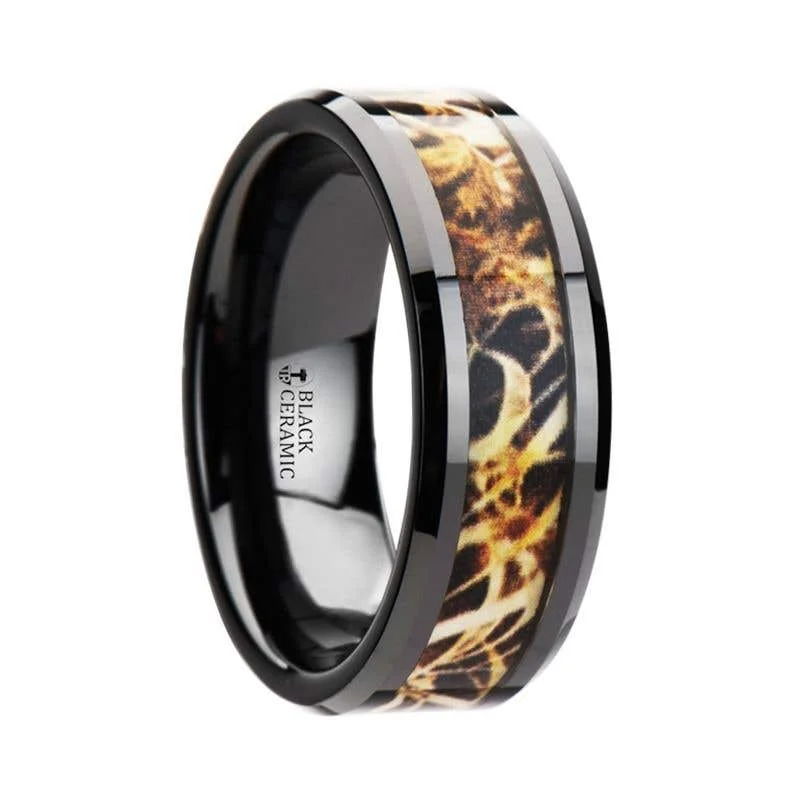 Men's rose - gold - plated rings for a trendy colorThorsten TUNDRA Black Ceramic Wedding Band with Leaves Grassland Camo Inlay Ring - 8mm Men's rose - gold - plated rings for a trendy colorThorsten TUNDRA Black Ceramic Wedding Band with Leaves Grassland Camo Inlay Ring - 8mm