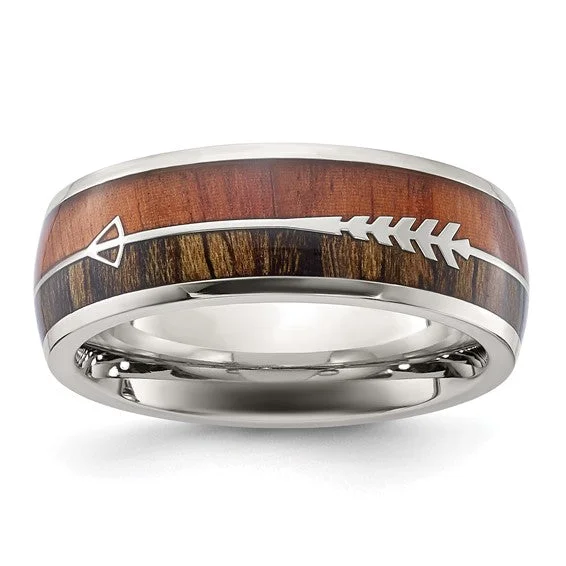 Men's music - note rings for musiciansStainless Steel Polished with Wood Inlay Arrow 8mm Band Men's music - note rings for musiciansStainless Steel Polished with Wood Inlay Arrow 8mm Band