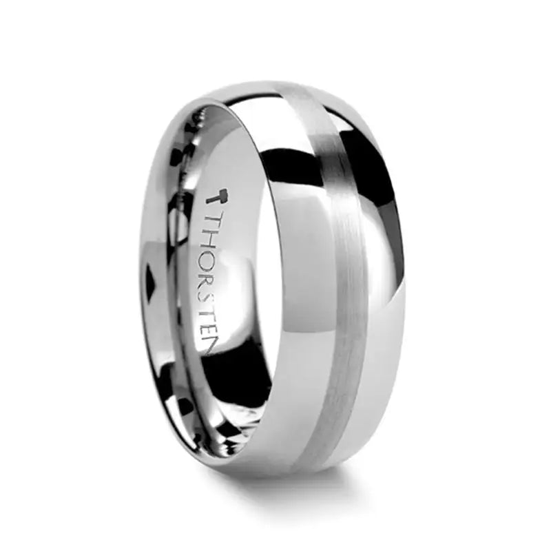 Men's polished brass rings with a warm glowBELLATOR Domed with Brushed Stripe Tungsten Wedding Ring Men's polished brass rings with a warm glowBELLATOR Domed with Brushed Stripe Tungsten Wedding Ring