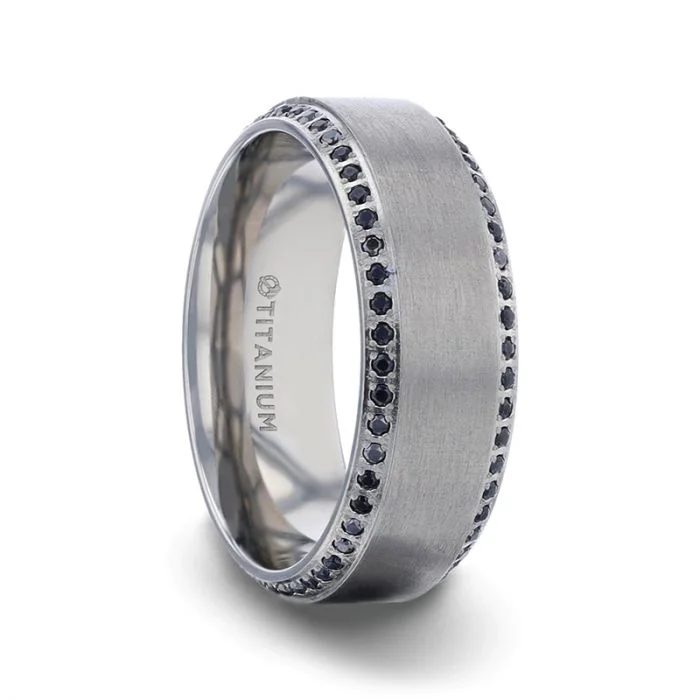 Men's shock - resistant rings for durabilityCHAMPION Flat Brushed Center Titanium Men's Wedding Band with Black Sapphire Polished Beveled Edges Men's shock - resistant rings for durabilityCHAMPION Flat Brushed Center Titanium Men's Wedding Band with Black Sapphire Polished Beveled Edges