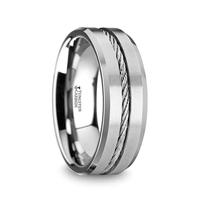 Men's polished brass rings with a warm glowLANNISTER Men’s Tungsten Flat Wedding Band with Steel Wire Cable Inlay & Beveled Edges Men's polished brass rings with a warm glowLANNISTER Men’s Tungsten Flat Wedding Band with Steel Wire Cable Inlay & Beveled Edges