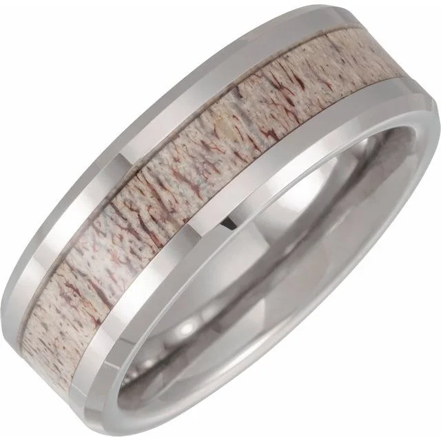 Men's tungsten carbide rings with a brushed textureTungsten 8 mm Beveled Band with Velvet Antler Wood Inlay Men's tungsten carbide rings with a brushed textureTungsten 8 mm Beveled Band with Velvet Antler Wood Inlay