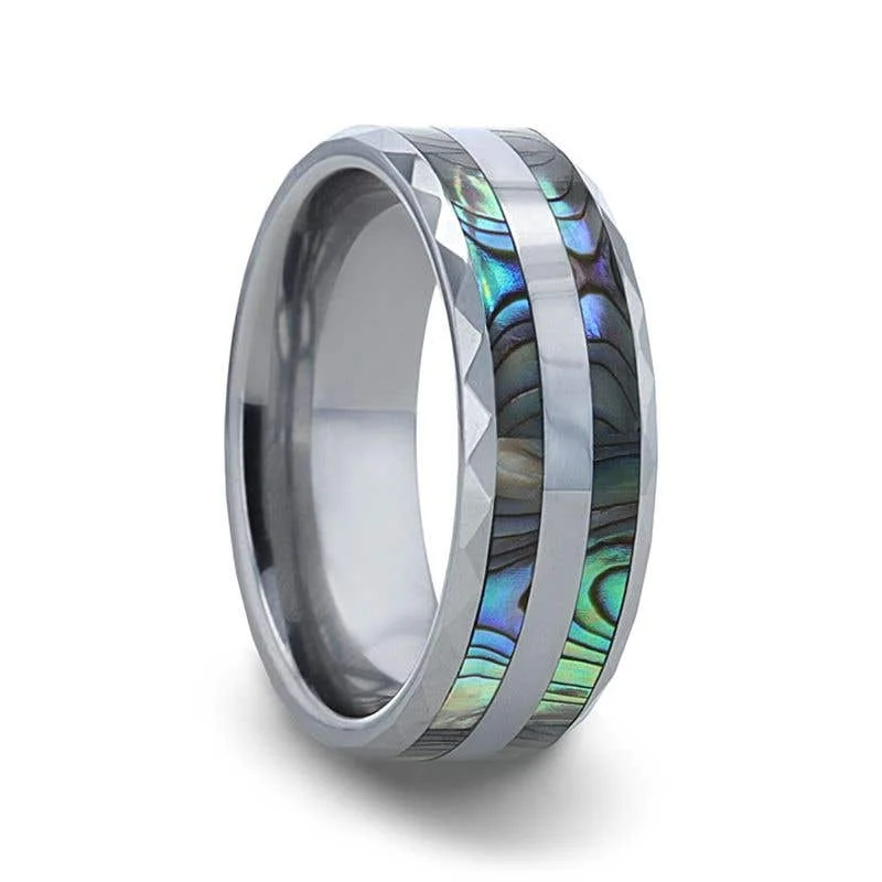 Men's rose - gold - plated rings for a trendy colorThorsten PAUA Double Abalone Shell Inlay Faceted Tungsten Ring With Beveled Polished Edges - 8mm Men's rose - gold - plated rings for a trendy colorThorsten PAUA Double Abalone Shell Inlay Faceted Tungsten Ring With Beveled Polished Edges - 8mm