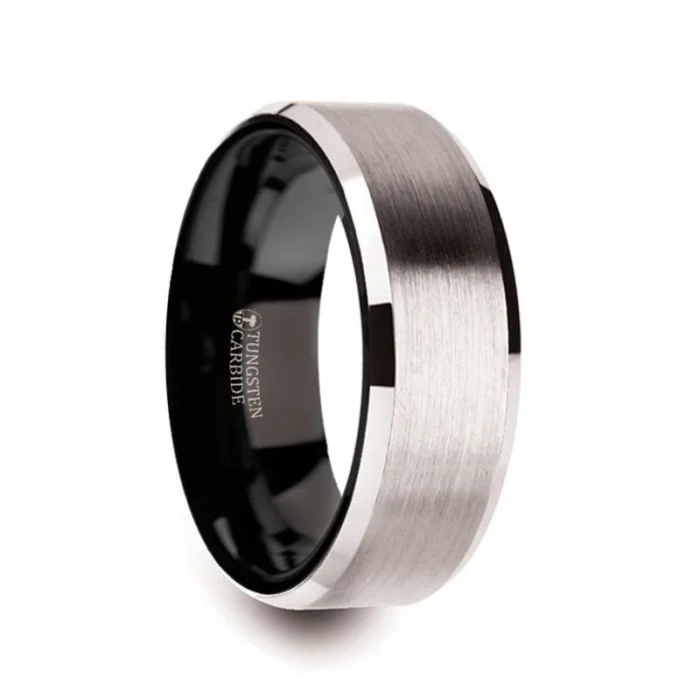 Men's skull - shaped rings for a gothic styleVEGA White Tungsten Brushed Center Men’s Wedding Ring with Polished Beveled Edges & Black Interior Men's skull - shaped rings for a gothic styleVEGA White Tungsten Brushed Center Men’s Wedding Ring with Polished Beveled Edges & Black Interior