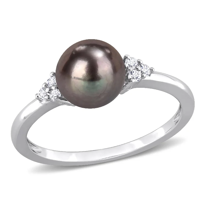 Miadora 7.5-8mm Black Cultured Freshwater Pearl and 1/5ct TGW White Topaz Cocktail Ring in Sterling Silver Miadora 7.5-8mm Black Cultured Freshwater Pearl and 1/5ct TGW White Topaz Cocktail Ring in Sterling Silver