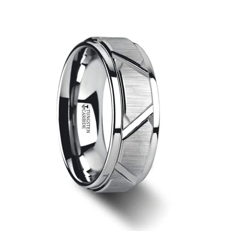 Men's beaded rings with semi - precious stonesThorsten VESTIGE Tungsten Ring with Triangle Angle Grooves and Raised Center - 8mm Men's beaded rings with semi - precious stonesThorsten VESTIGE Tungsten Ring with Triangle Angle Grooves and Raised Center - 8mm