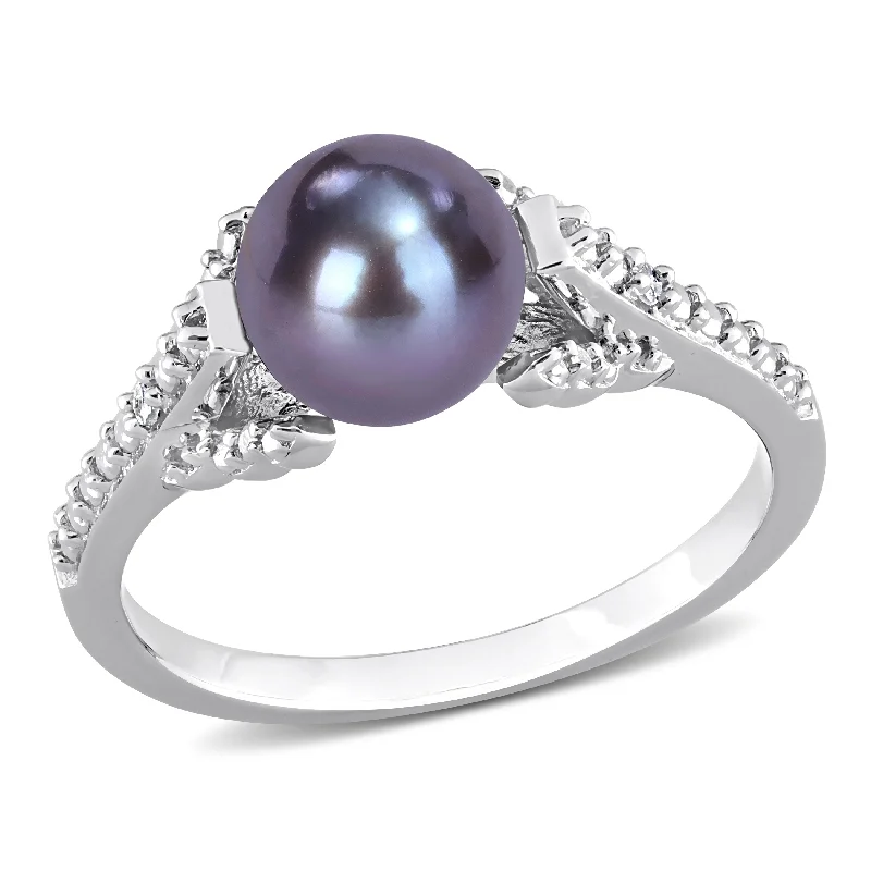 Miadora 7-7.5mm Black Cultured Freshwater Pearl and Diamond Accent Split Shank Ring in Sterling Silver Miadora 7-7.5mm Black Cultured Freshwater Pearl and Diamond Accent Split Shank Ring in Sterling Silver