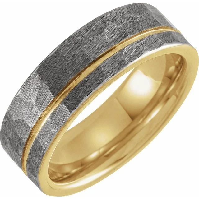Men's infinity - symbol rings for a romantic meaning18K Yellow Gold PVD Tungsten 8 mm Grooved Band with Hammer Finish Men's infinity - symbol rings for a romantic meaning18K Yellow Gold PVD Tungsten 8 mm Grooved Band with Hammer Finish