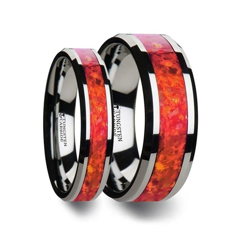 Men's stackable rings for a layered lookThorsten NEBULA Tungsten Wedding Band with Beveled Edges and Red Opal Inlay - 4mm 6mm 8mm Men's stackable rings for a layered lookThorsten NEBULA Tungsten Wedding Band with Beveled Edges and Red Opal Inlay - 4mm 6mm 8mm