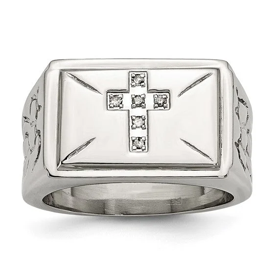 Men's two - tone rings combining silver and goldStainless Steel Diamond Cross With Textured Sides Ring Men's two - tone rings combining silver and goldStainless Steel Diamond Cross With Textured Sides Ring