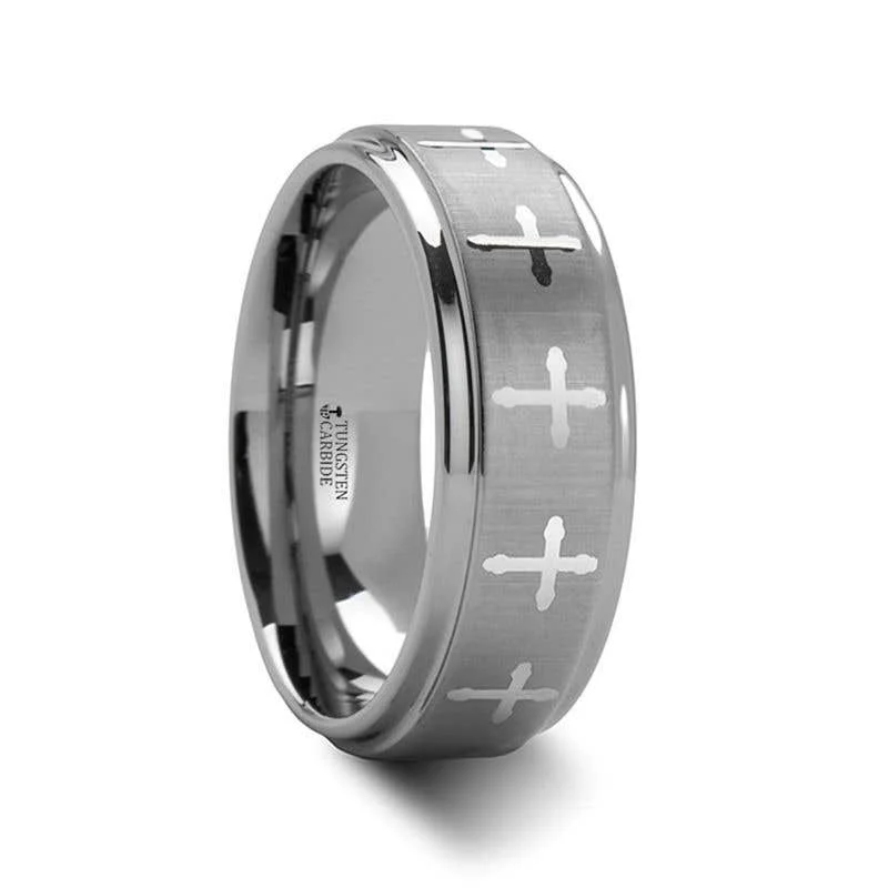 Men's opal - featured rings with iridescent colorsThorsten TRINITY Raised Center with Engraved Crosses Men's Tungsten Wedding Band – 8mm Men's opal - featured rings with iridescent colorsThorsten TRINITY Raised Center with Engraved Crosses Men's Tungsten Wedding Band – 8mm