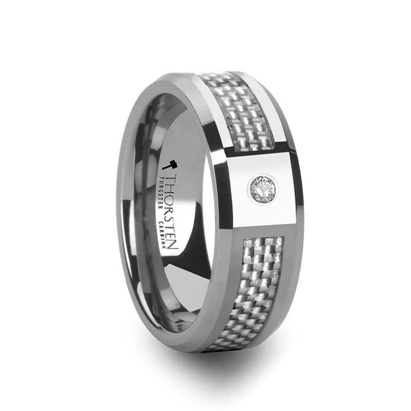 Men's beaded rings with semi - precious stonesThorsten ROYCE Tungsten Wedding Band White Carbon Fiber Diamond Setting - 8mm Men's beaded rings with semi - precious stonesThorsten ROYCE Tungsten Wedding Band White Carbon Fiber Diamond Setting - 8mm