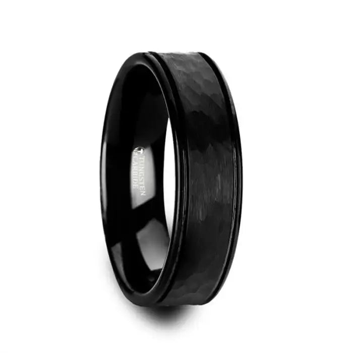 Men's amethyst - filled rings for a purple eleganceJOINER ~ Hammered Finish Center Black Tungsten Carbide with Dual Offset Grooves and Polished Edges Men's amethyst - filled rings for a purple eleganceJOINER ~ Hammered Finish Center Black Tungsten Carbide with Dual Offset Grooves and Polished Edges